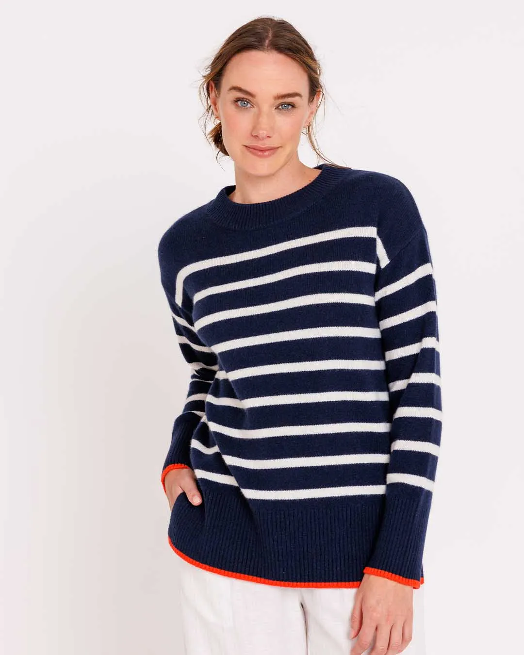 Womans Bexley Striped Crew Sweater in Navy with Ivory and Persimmon Trim - order size down, runs large