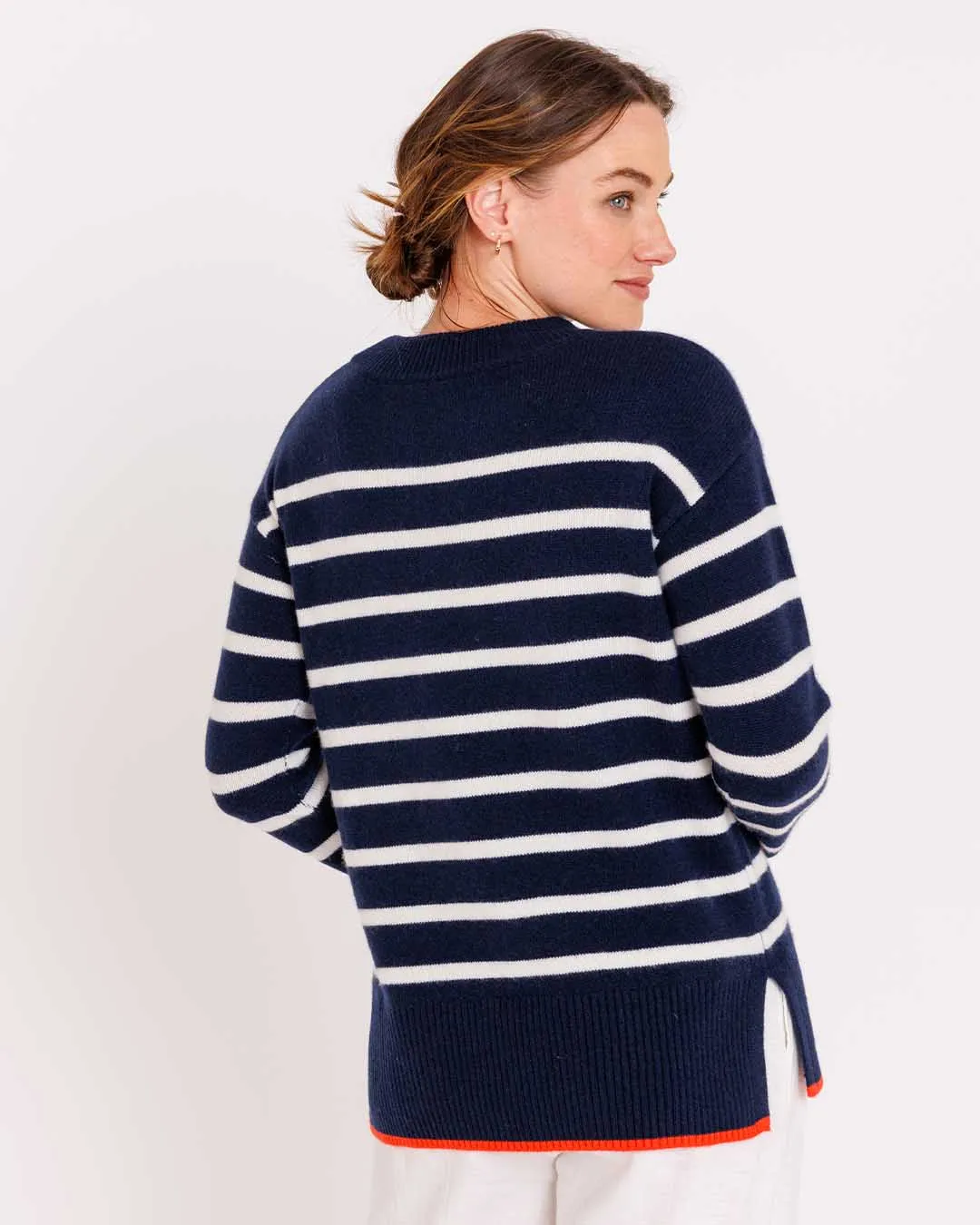 Womans Bexley Striped Crew Sweater in Navy with Ivory and Persimmon Trim - order size down, runs large