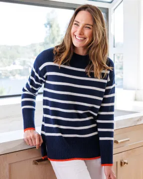 Womans Bexley Striped Crew Sweater in Navy with Ivory and Persimmon Trim - order size down, runs large
