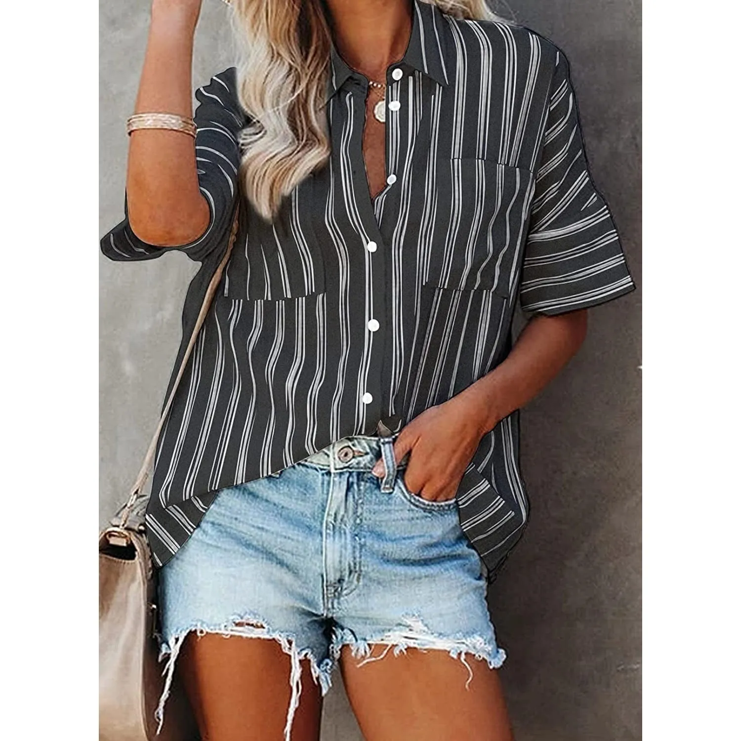 Women's V Neck Striped Roll Up Cuff Button Shirt Top