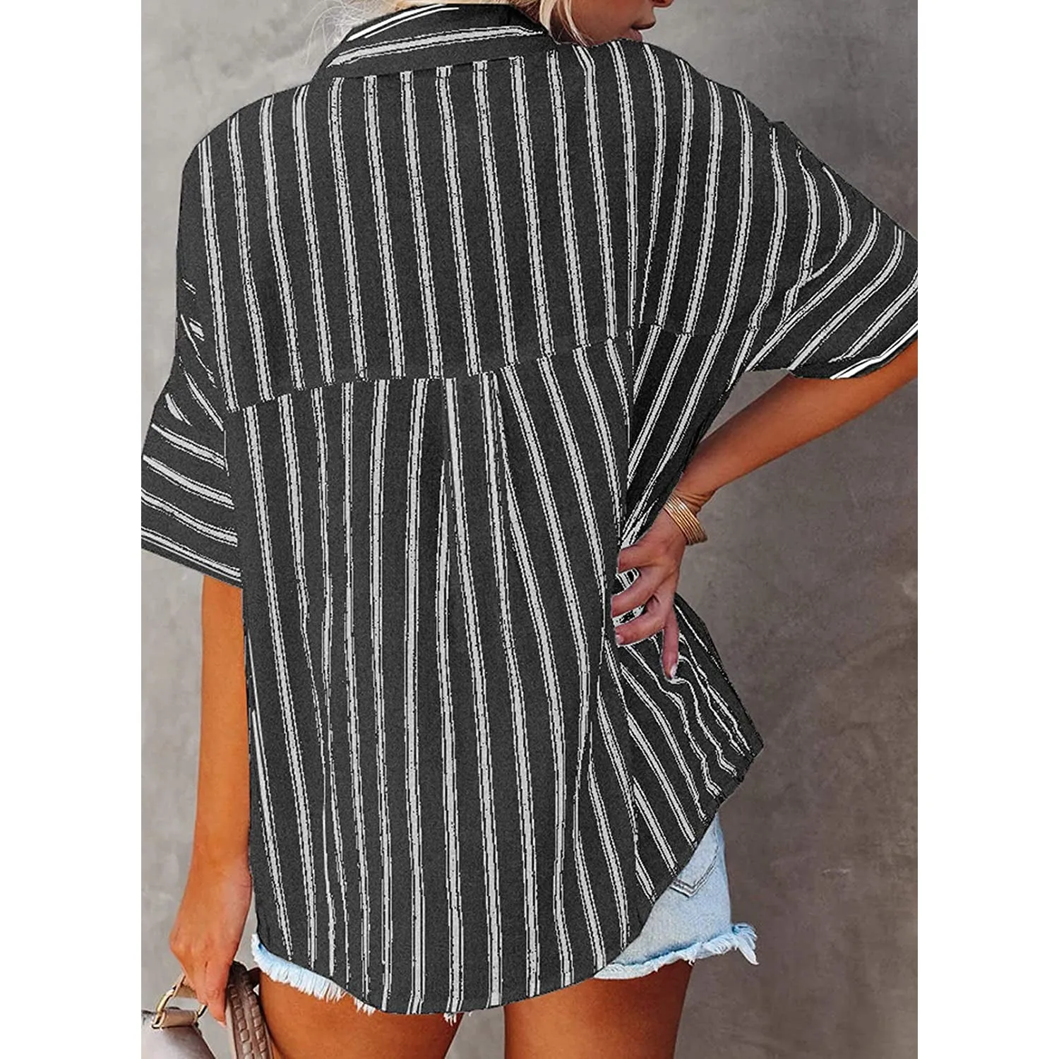 Women's V Neck Striped Roll Up Cuff Button Shirt Top