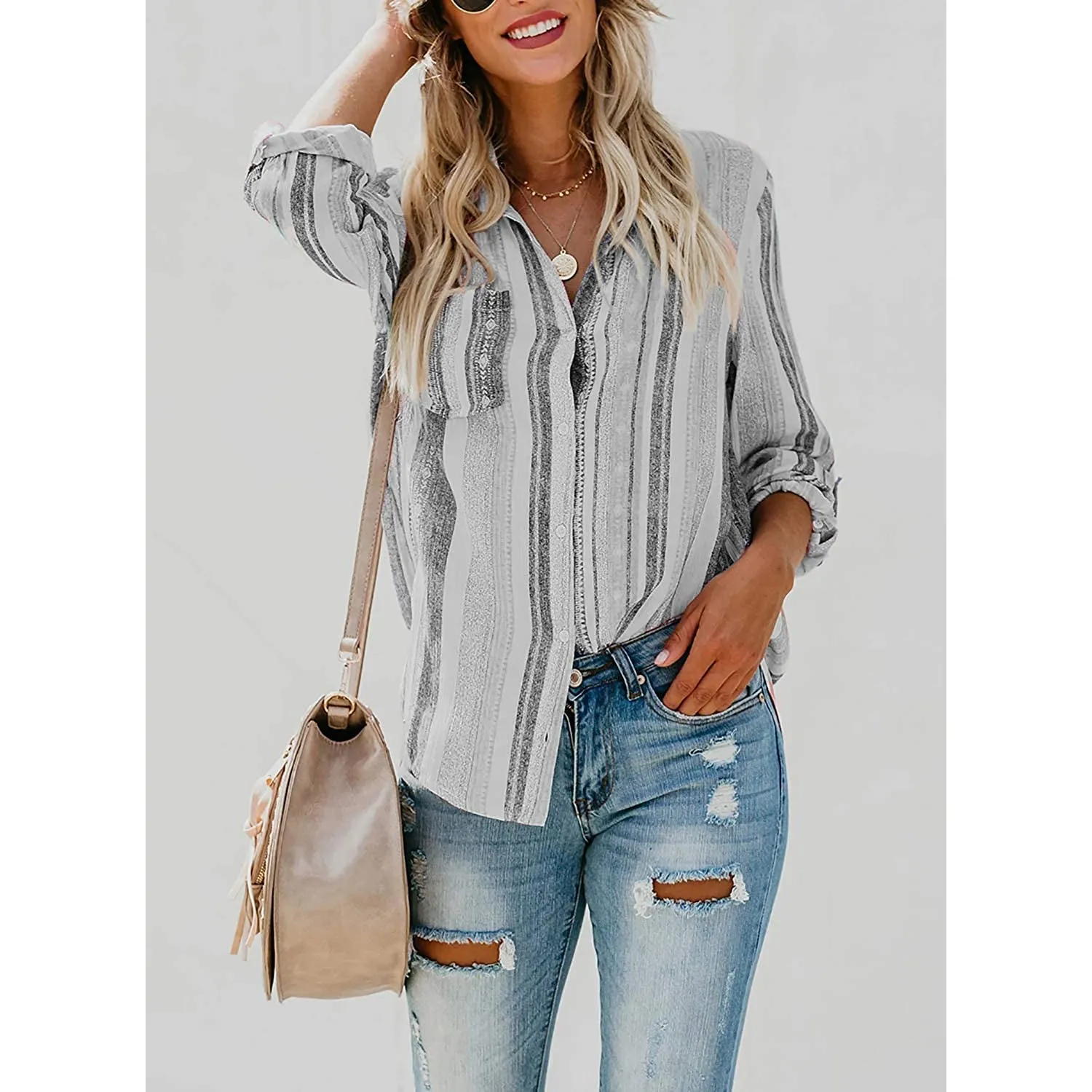 Women's V-Neck Striped Roll-Up Cuff Shirt