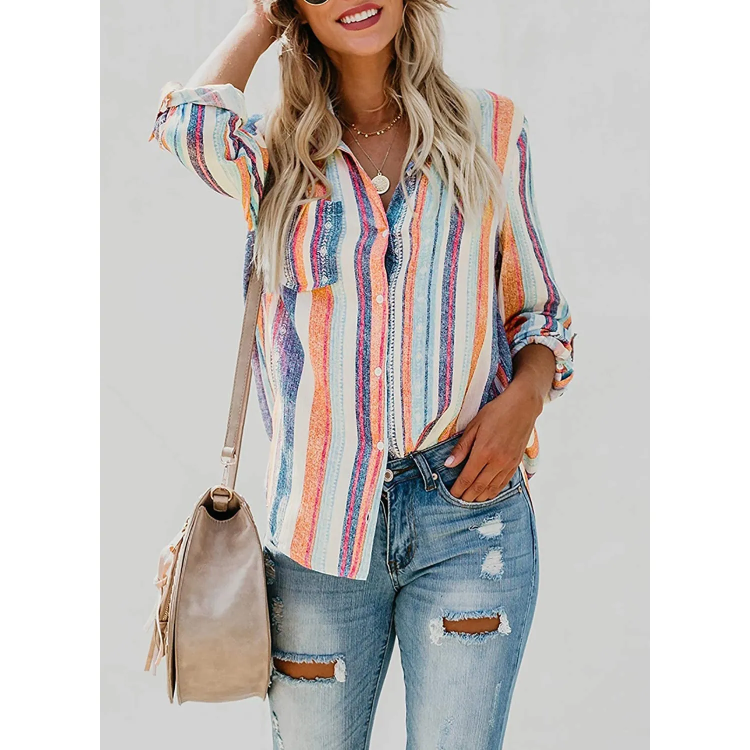 Women's V-Neck Striped Roll-Up Cuff Shirt
