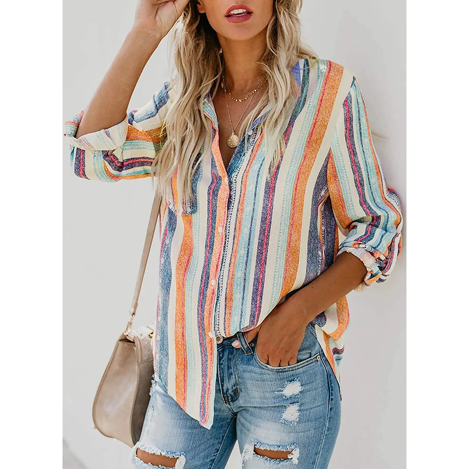 Women's V-Neck Striped Roll-Up Cuff Shirt
