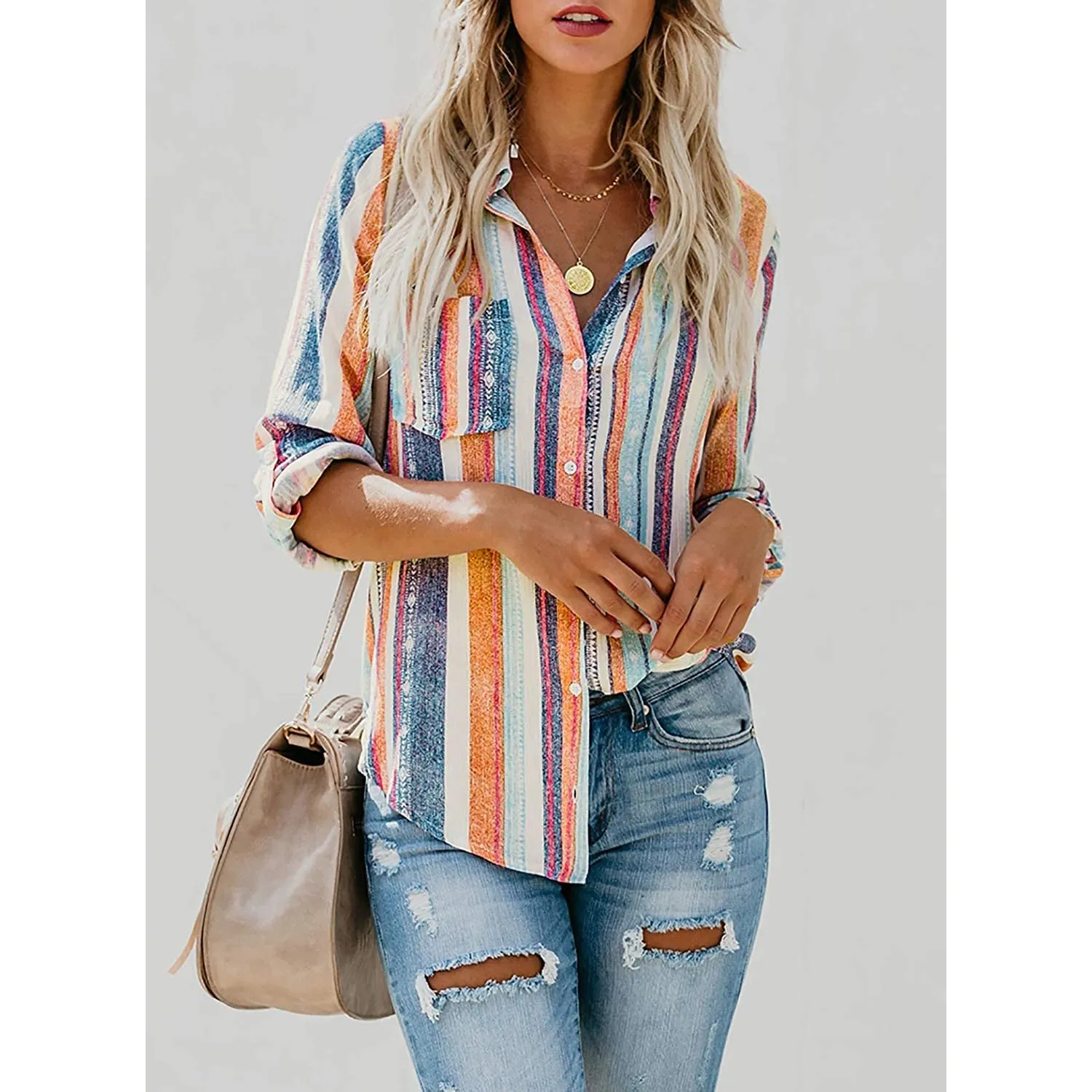Women's V-Neck Striped Roll-Up Cuff Shirt