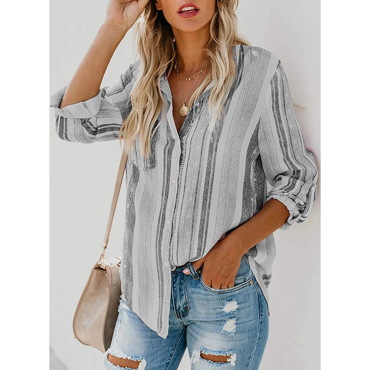 Women's V-Neck Striped Roll-Up Cuff Shirt