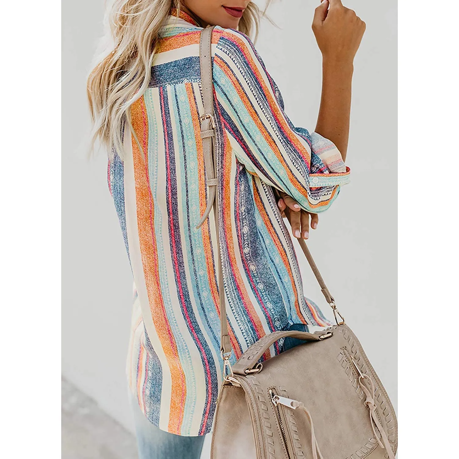 Women's V-Neck Striped Roll-Up Cuff Shirt