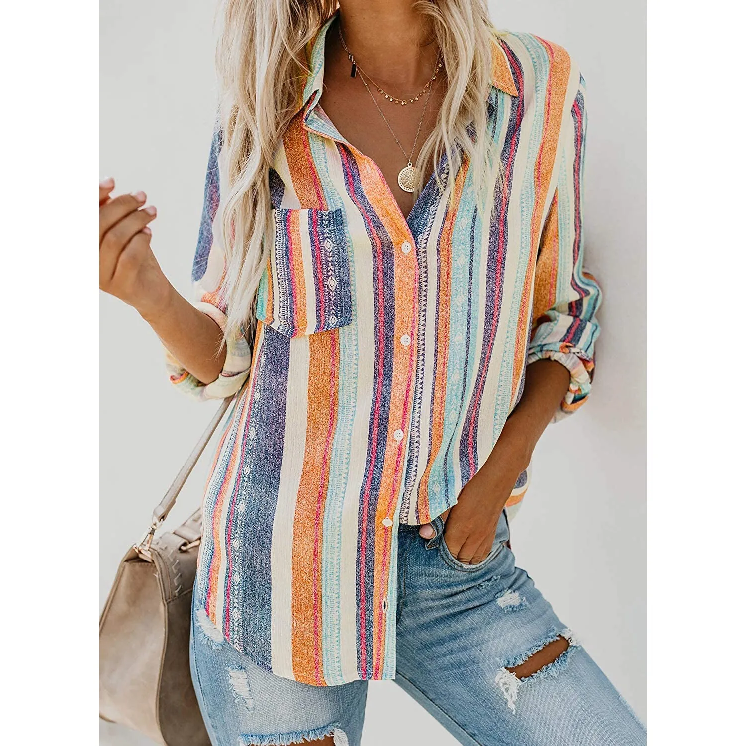 Women's V-Neck Striped Roll-Up Cuff Shirt