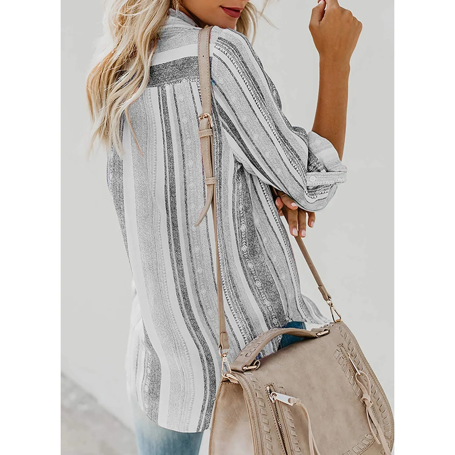 Women's V-Neck Striped Roll-Up Cuff Shirt