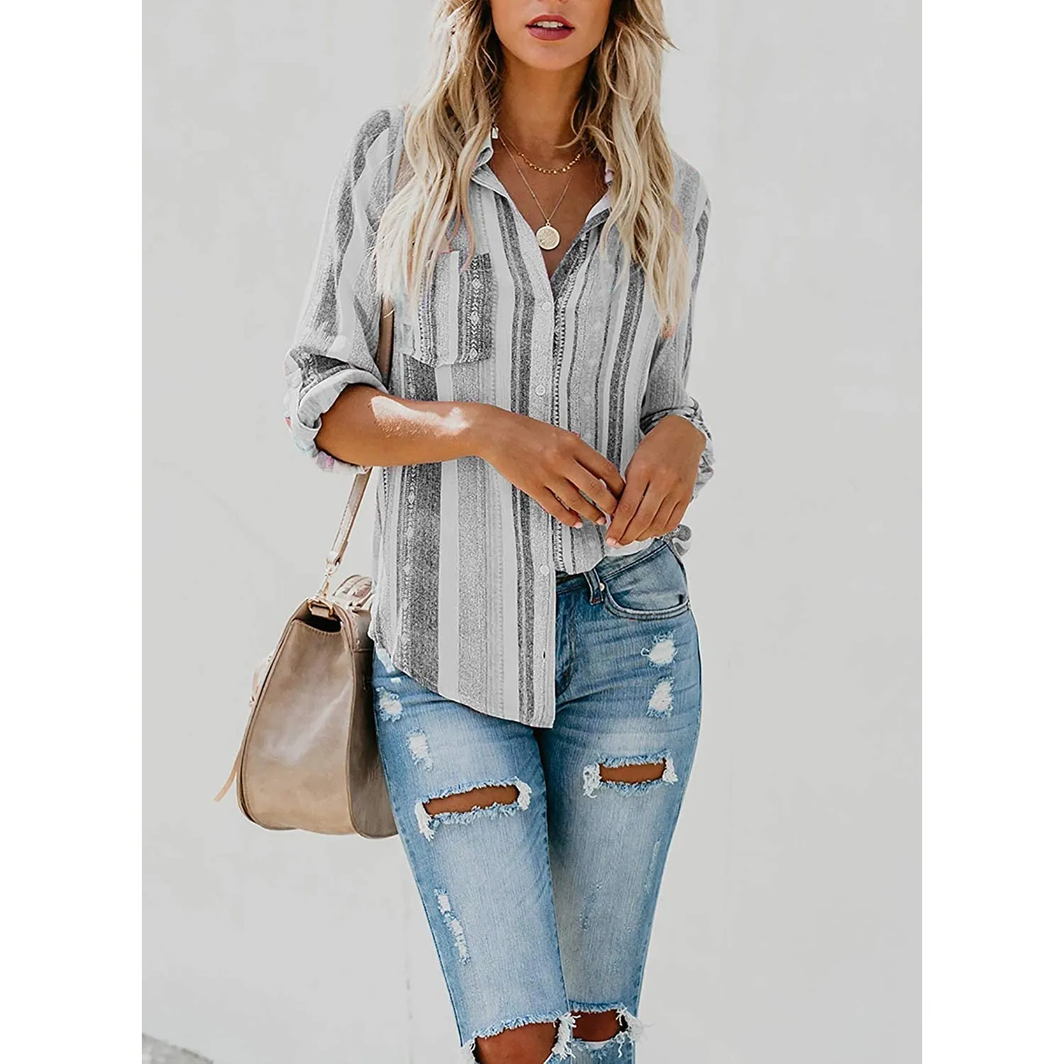 Women's V-Neck Striped Roll-Up Cuff Shirt